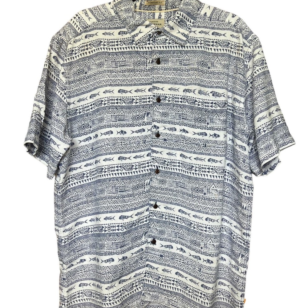 Quiksilver blue and white fish patterned button up shirt